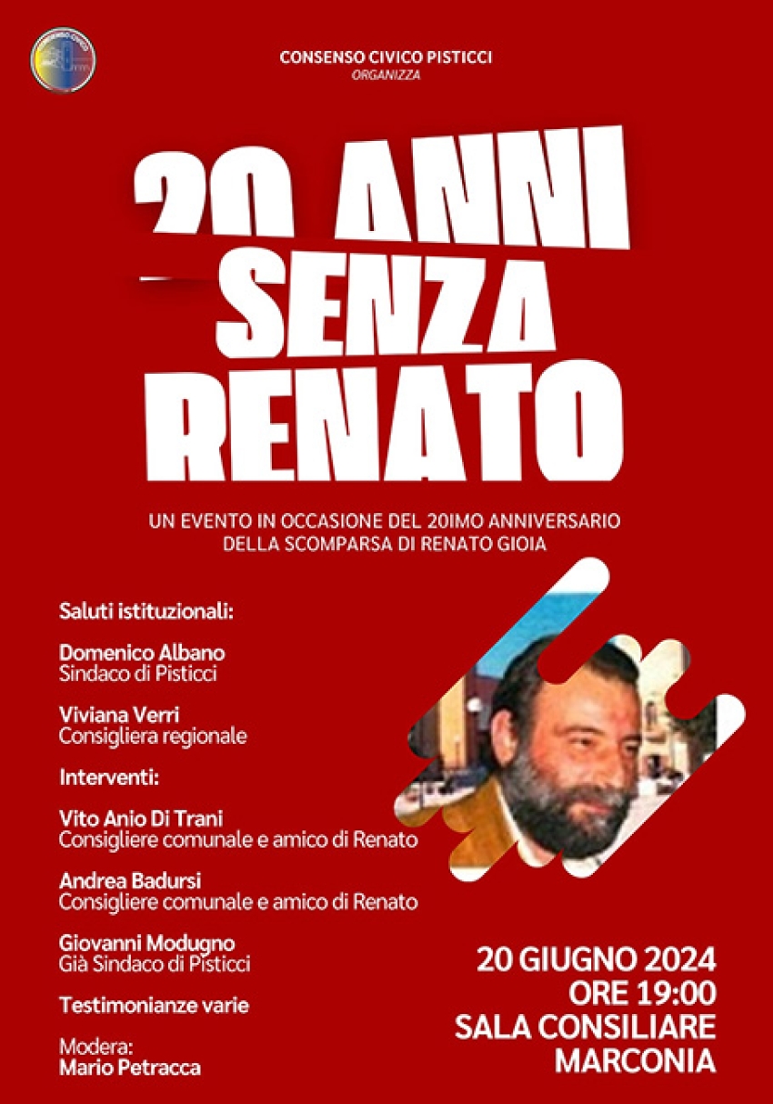 Il 20 giugno evento in ricordo di Renato Gioia