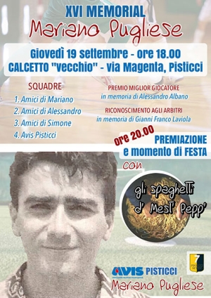 L’Avis Pisticci invita tutti al XVI° Memorial Mariano Pugliese