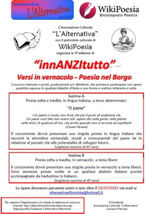 Fino al 2 luglio possibile inviare le poesie per il concorso &quot;innANZItutto - versi in vernacolo e poesia nel borgo”