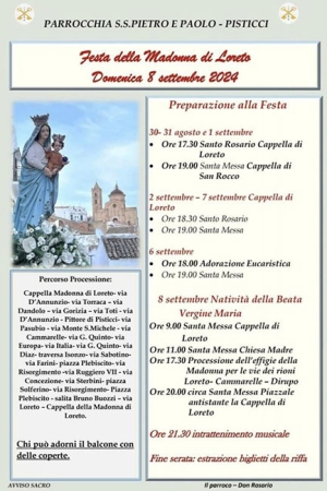 Domenica 8 settembre 2024, si festeggia la Madonna di Loreto