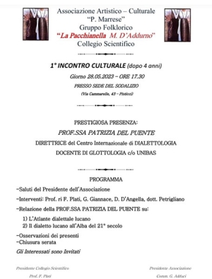 Domenica 28 maggio “I° Incontro Culturale” presso la sede de “La Pacchianella”