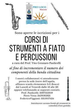 A Marconia aperte le iscrizioni ai corsi di strumenti a fiato e percussioni