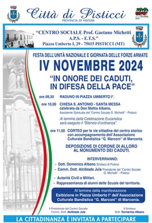 Le celebrazioni per la giornata dell&#039;Unità Nazionale e delle Forze Armate, lunedì prossimo a Pisticci