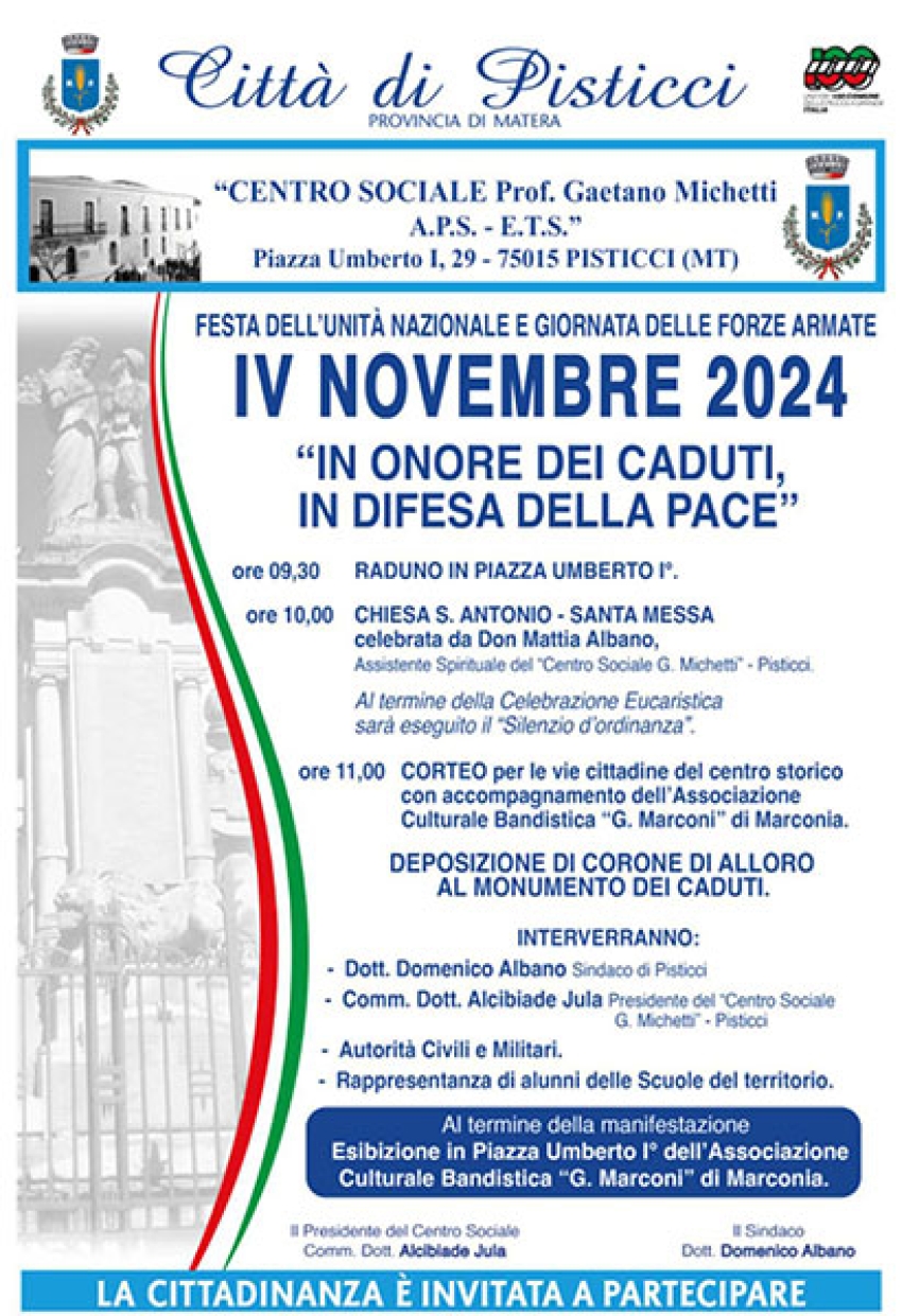 Le celebrazioni per la giornata dell'Unità Nazionale e delle Forze Armate, lunedì prossimo a Pisticci