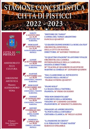 Parte ad agosto la “Stagione Concertistica”. Finirà a Pasqua 2023